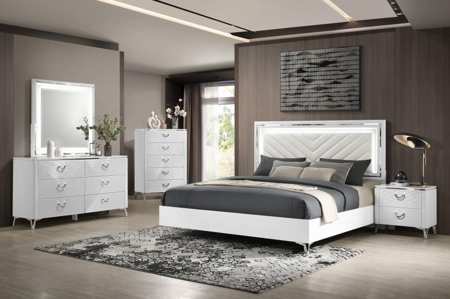 215791Q Queen LED Bedroom Set White High Gloss 4 Pcs