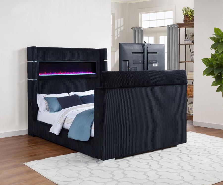 315868BLKKE  Eastern King Flame Visualizer Wingback TV Bed Black