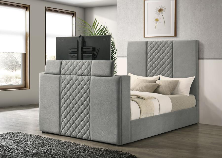 315994Q Upholstered Queen Panel TV Bed Grey