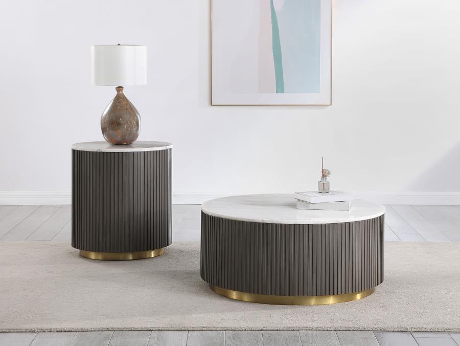 710418-S2 piece Round White Marble Coffee Table Set Charcoal