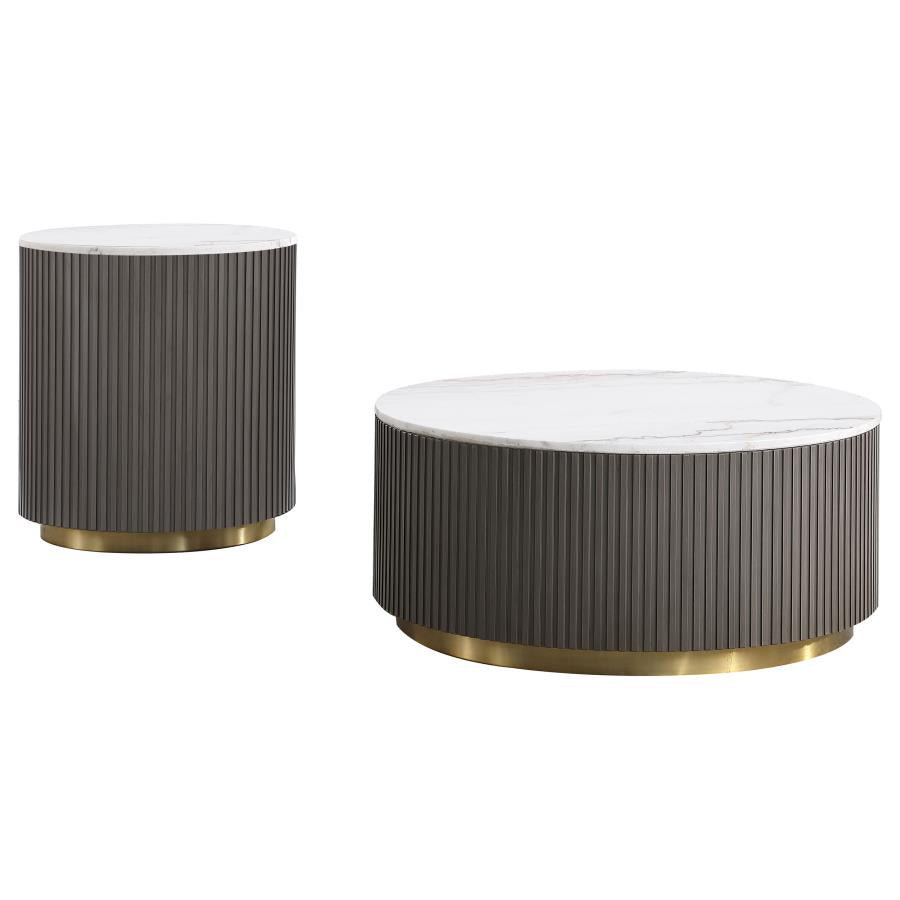 710418-S2 piece Round White Marble Coffee Table Set Charcoal