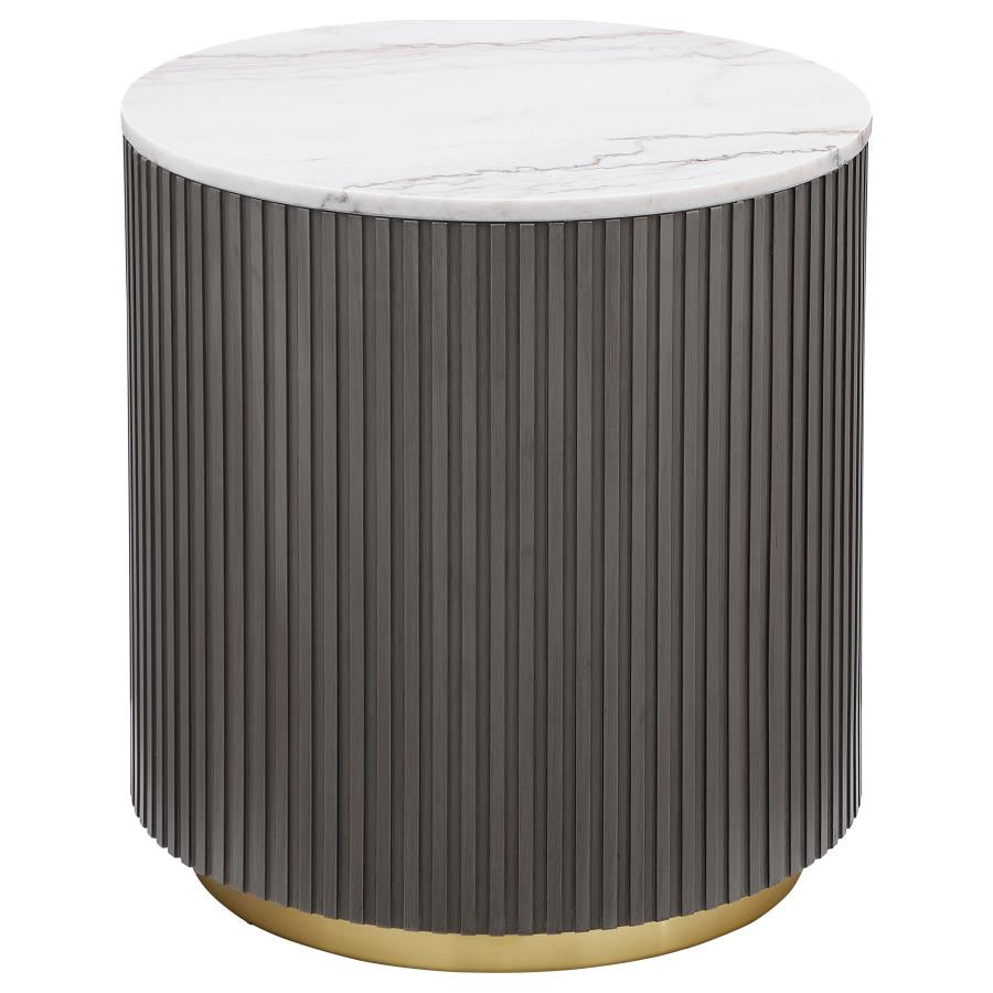 710418-S2 piece Round White Marble Coffee Table Set Charcoal