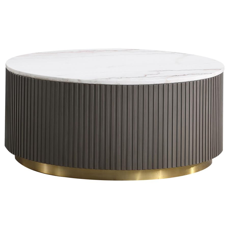 710418-S2 piece Round White Marble Coffee Table Set Charcoal
