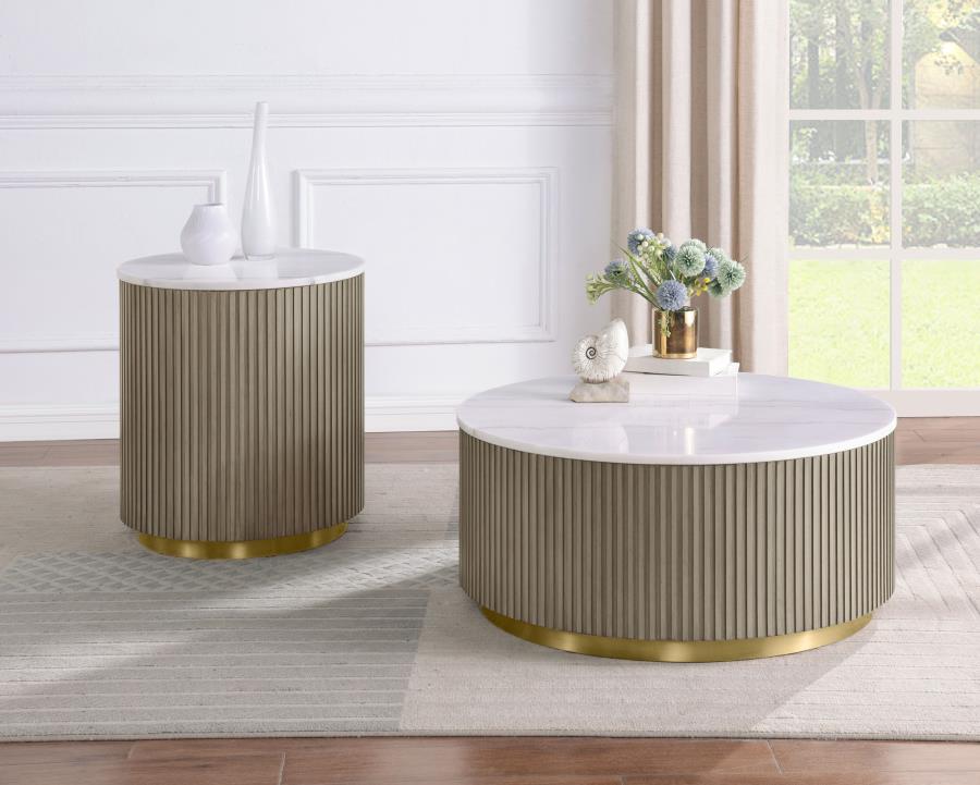 711418-S2 SET 2piece Round White Marble Coffee Table Set Greige