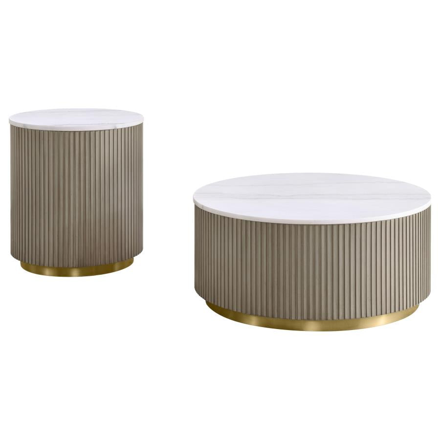 711418-S2 SET 2piece Round White Marble Coffee Table Set Greige