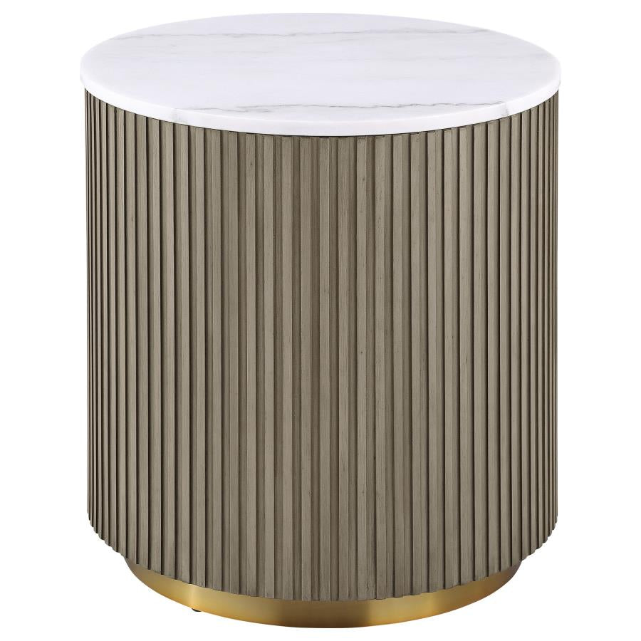 711418-S2 SET 2piece Round White Marble Coffee Table Set Greige