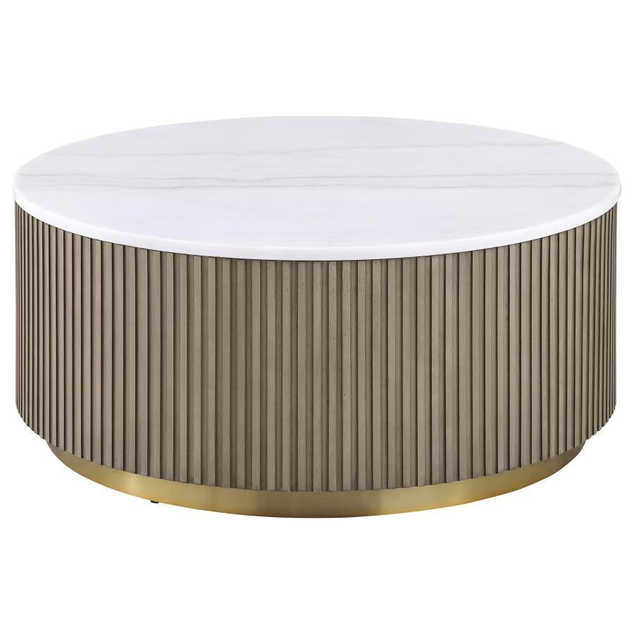 711418-S2 SET 2piece Round White Marble Coffee Table Set Greige