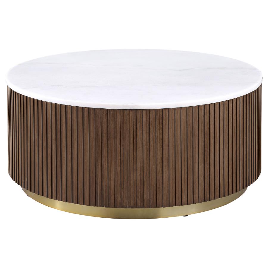 712418-S2 2-piece Round White Marble Coffee Table Set Honey Brown
