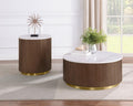 712418-S2 2-piece Round White Marble Coffee Table Set Honey Brown