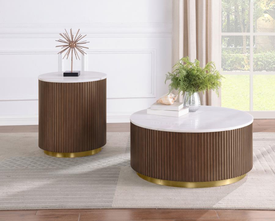712418-S2 2-piece Round White Marble Coffee Table Set Honey Brown