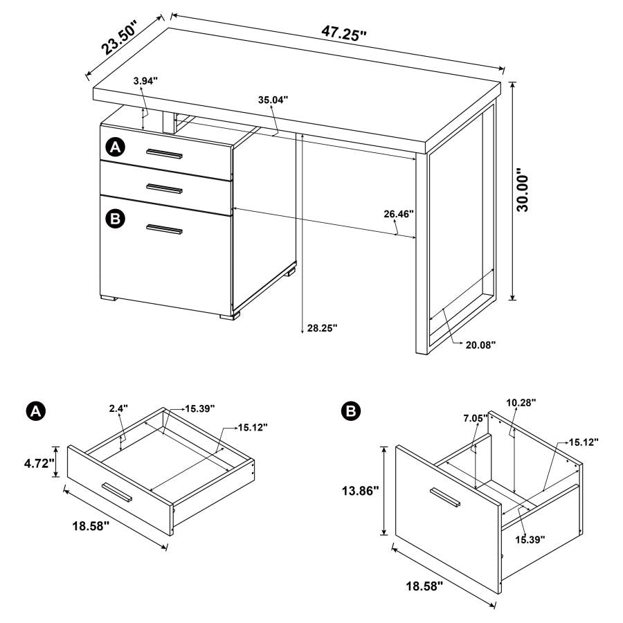 800325 47-inch 3-drawer Office Computer Desk White
