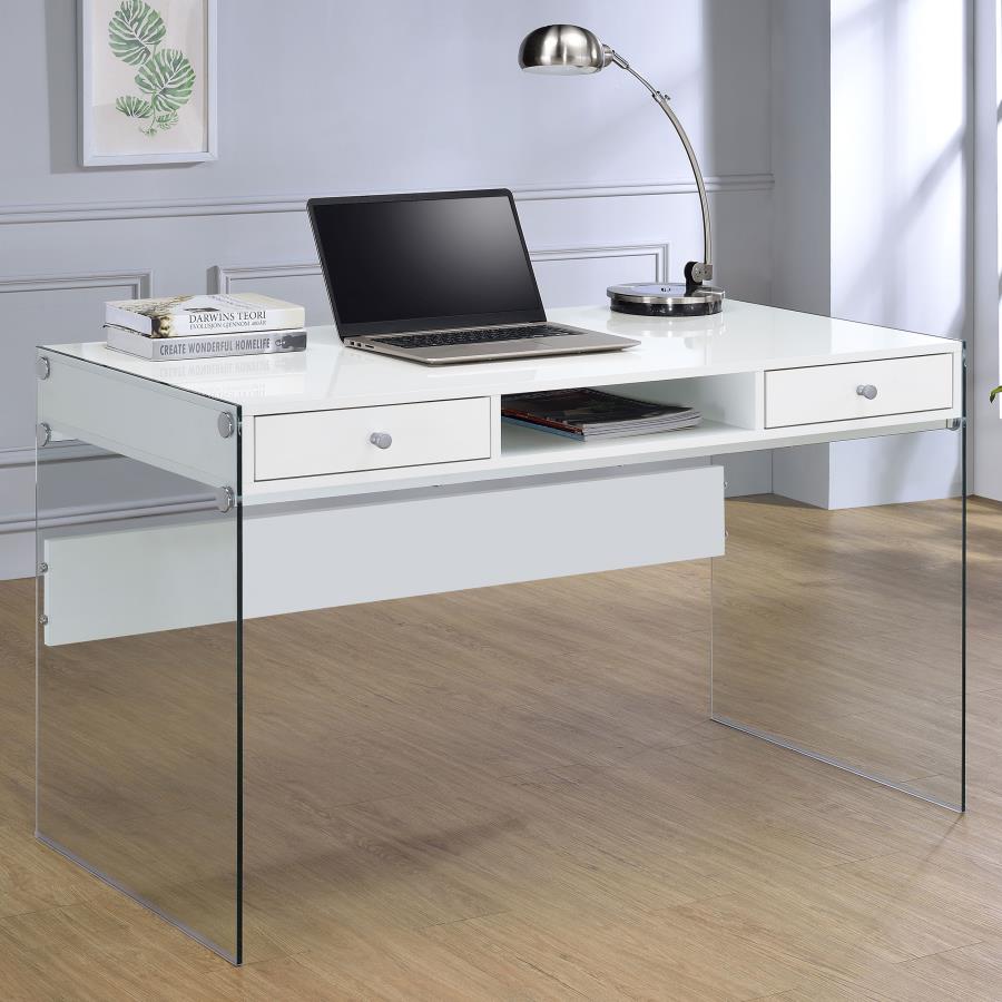 800829 48-inch 2-drawer Writing Desk White High Gloss