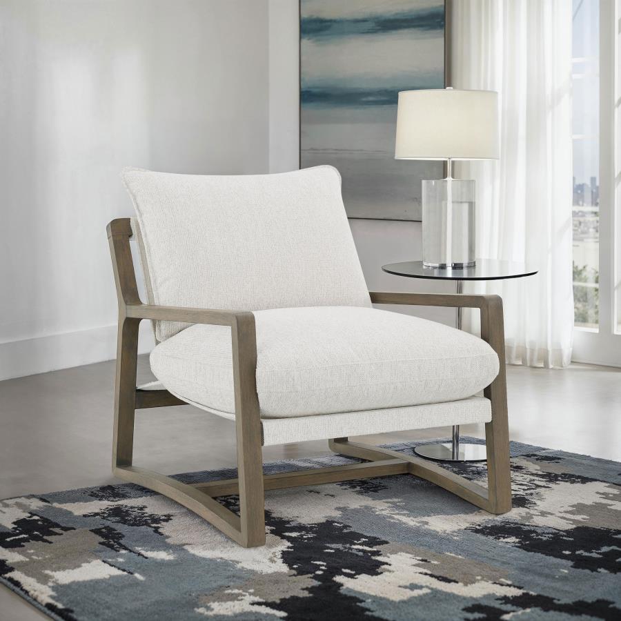 907509 Boucle Upholstered Wood Arm Accent Chair Sand